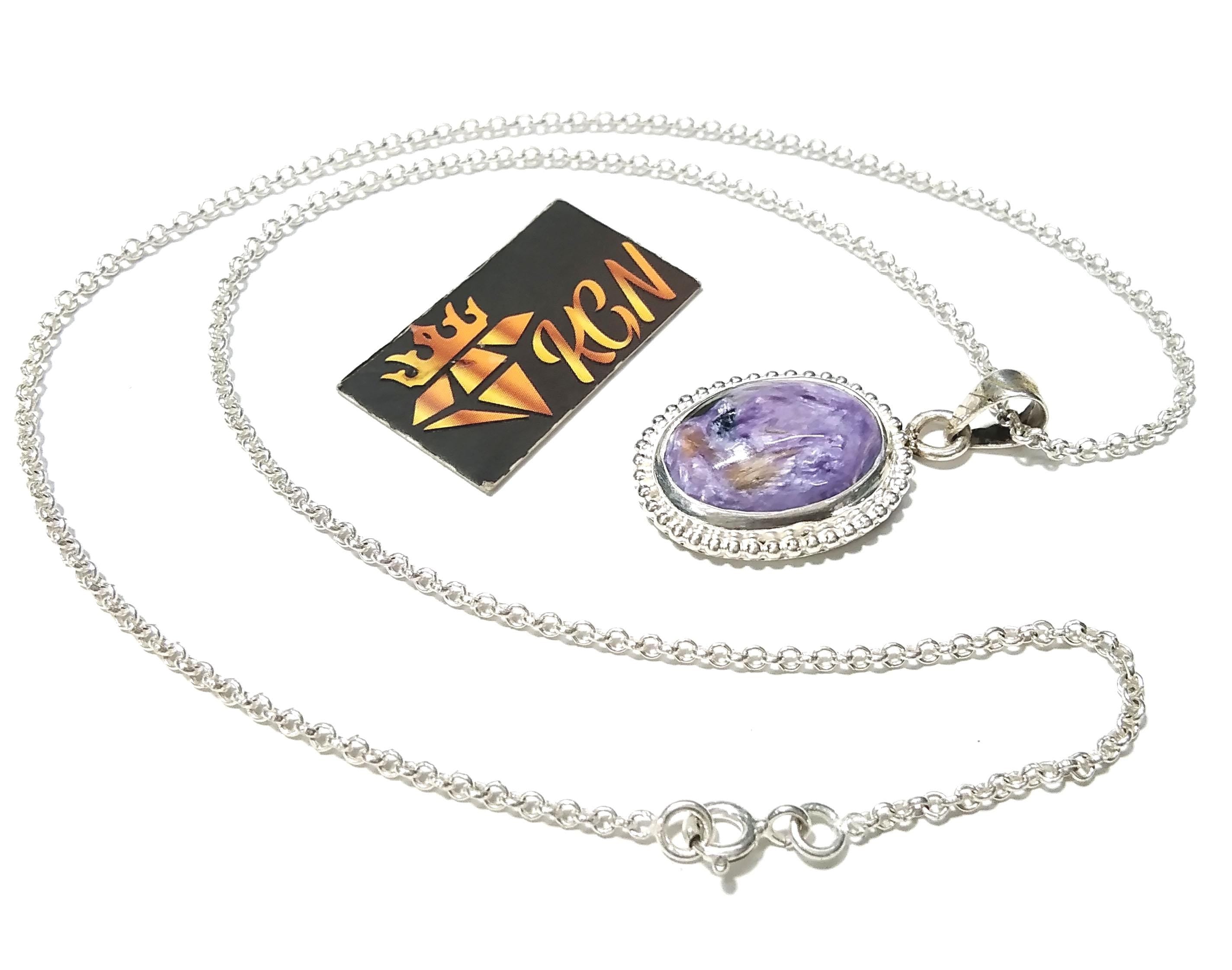 Natural Charoite Gemstone Pendant Chain Necklace, 925 Starling Silver Pendant, Handmade Good Color Purple Stone Pendant, Gift For Women.